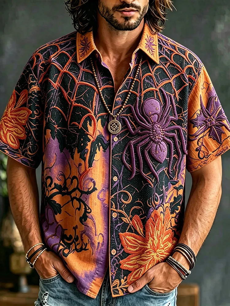 Retro Hippie Purple Spider Embroidery Camp Collar Shirt