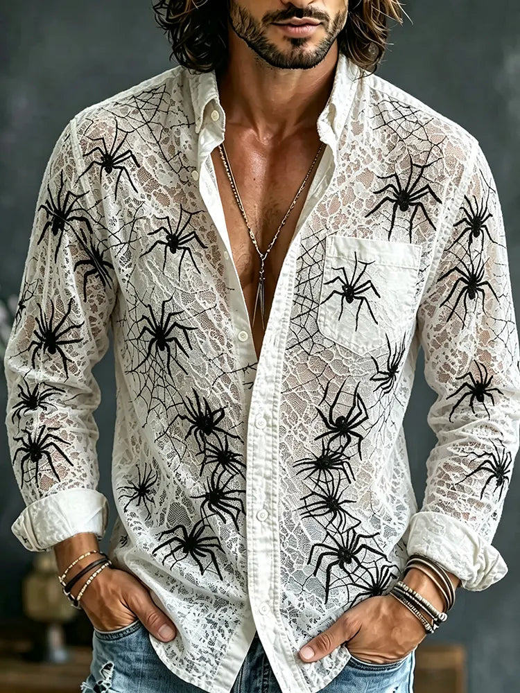 Men's Retro Halloween Spider Lace Print Long-sleeved Cotton Linen Shirt