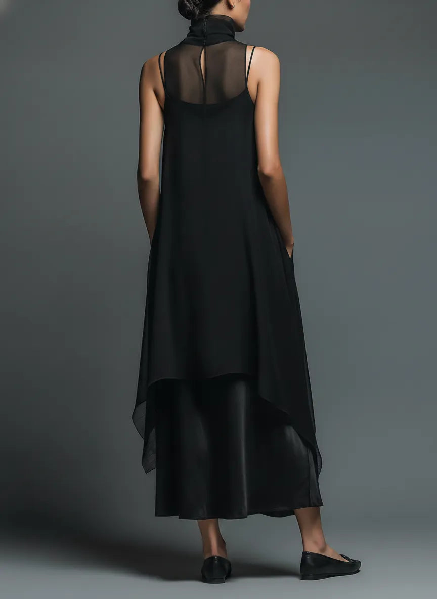 Women's Minimalist Imitation Acetate Slip Dress Paired With A Chiffon Overlay Maxi Dress MDZ2702A3Y
