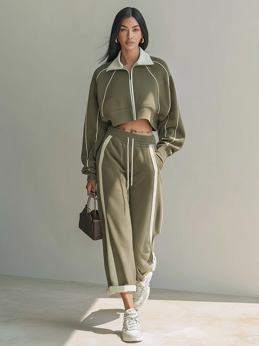 Women's Olive Cotton Blend Contrast Piping Cropped Zip Jacket & Wide Leg Sweatpants Set MDZ2223G4ZRK
