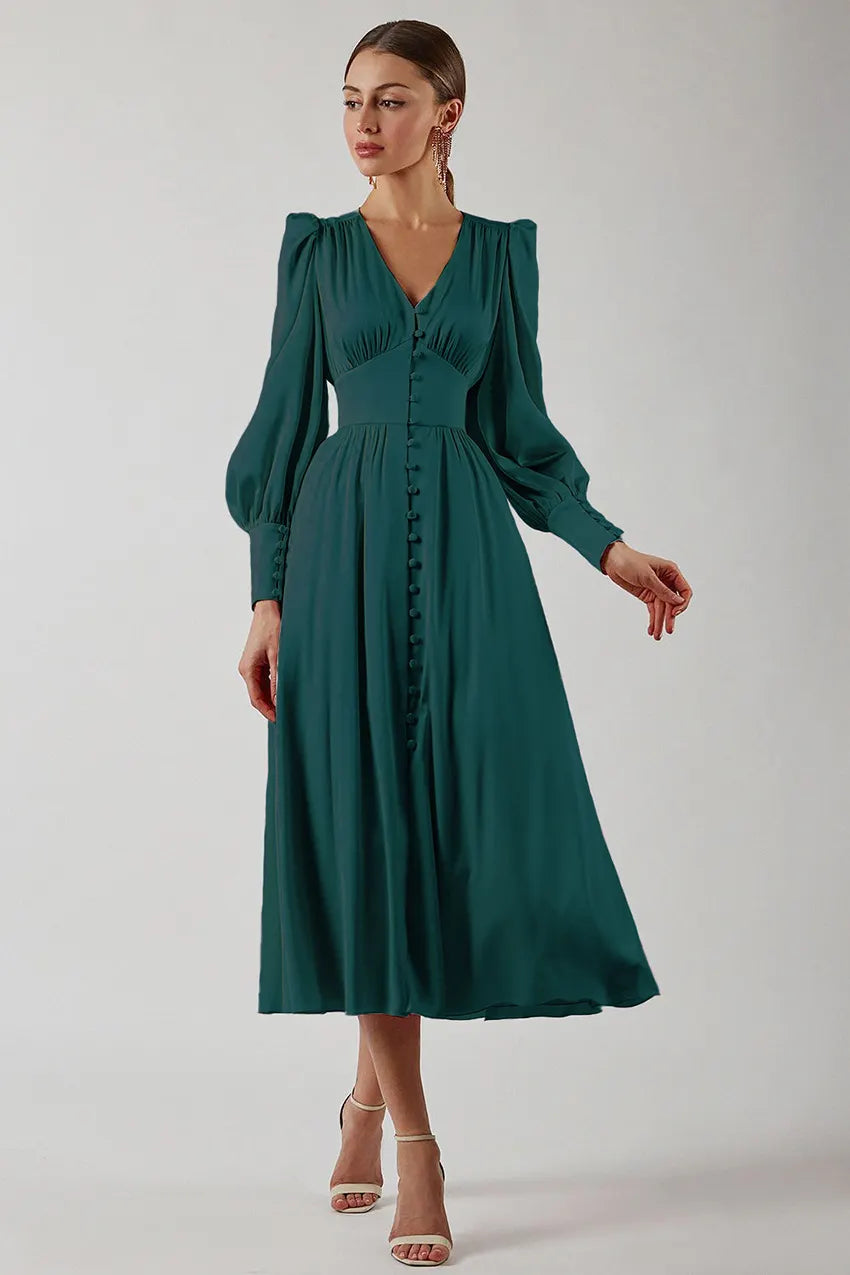 Slim Fit Green V Neck Wrinkled Silk Maxi Dress Puff Sleeve