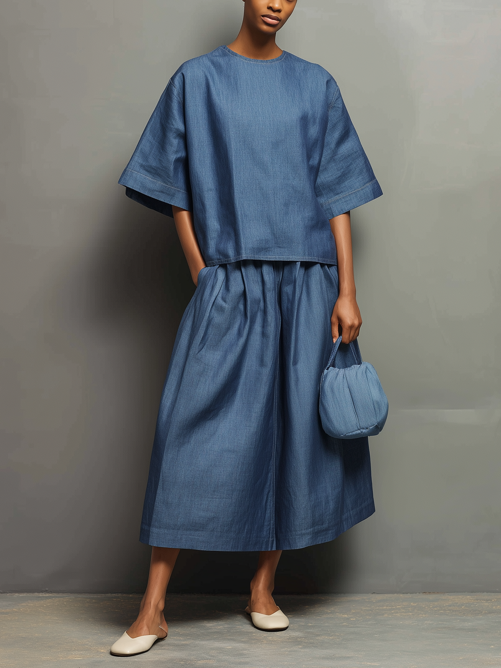 Women's Casual Denim Blue Loose-fitting Long-sleeved Round-neck Top Paired With A Skirt