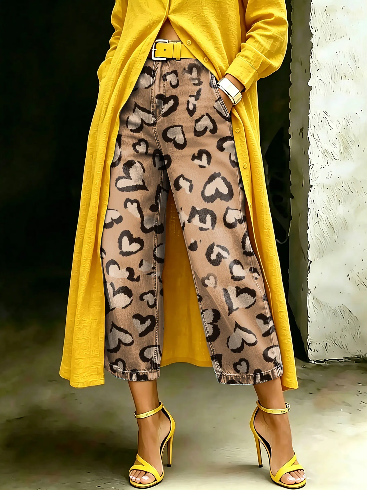 Women's Vintage Love Leopard Art Casual Wide Denim Pants
