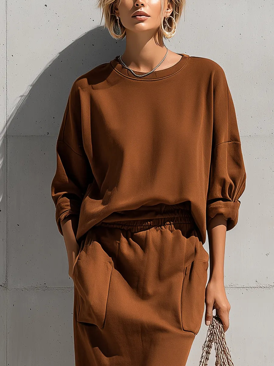 Women's Coffee Brown Oversized Round Neck Long Sleeve Sweatshirt Frayed Hem Pocket Midi Skirt Two Piece Outfit Set MDZ1415G8YZJ