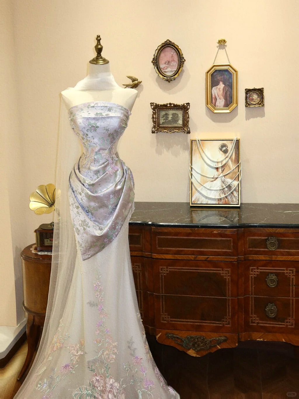 Pink White Elegant Floral Long Floor Length Satin Tulle Ball Gown Evening Dress Party Dress Wedding Dress 4190