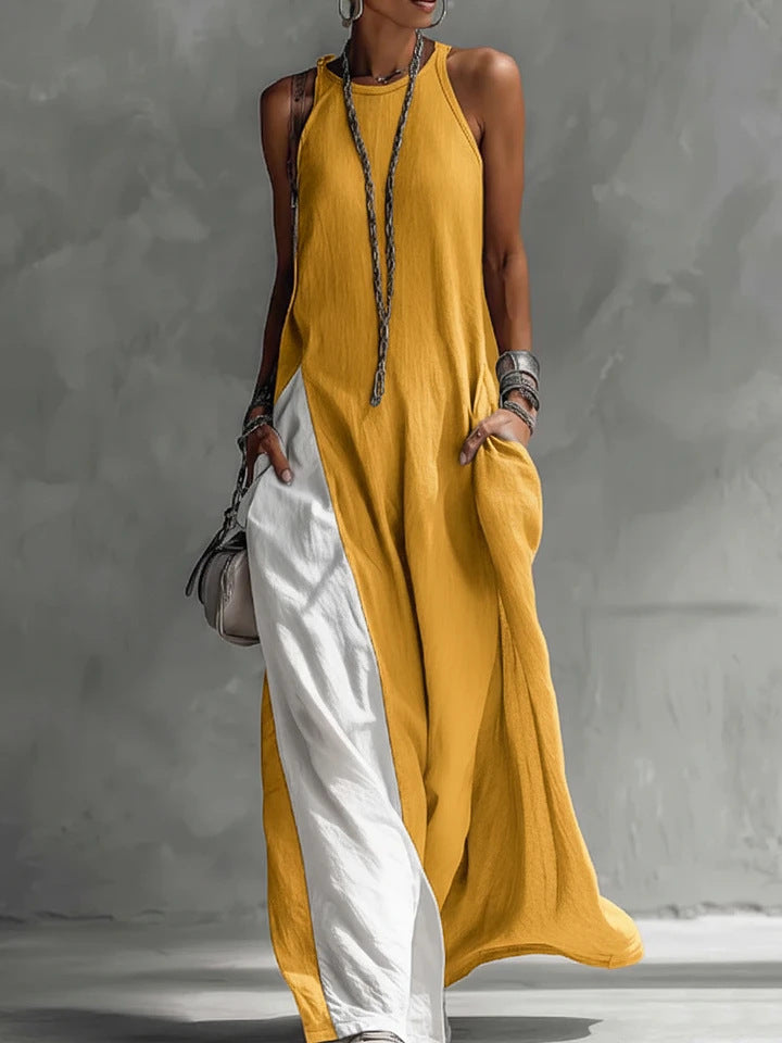 Stylertime Avant-Garde Halter Maxi Dress - Contrast Color-Block Loose Fit Art-Style Gown