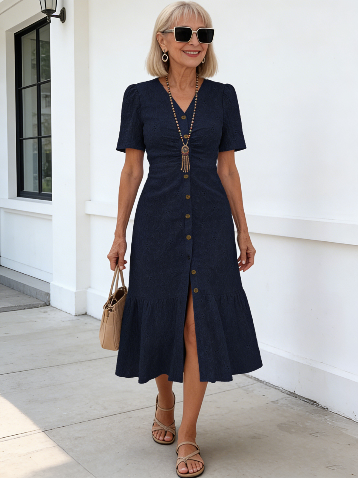 Textured Fabric Hollow Fabric Fashion Dress Short Sleeve Solid Color