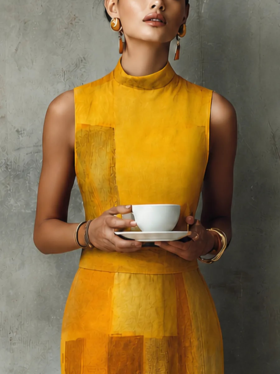 Women's French Aesthetic Style Turmeric Cotton Blend Mock Neck Sleeveless Block Print Midi Dress MDZ3029F9GMJ