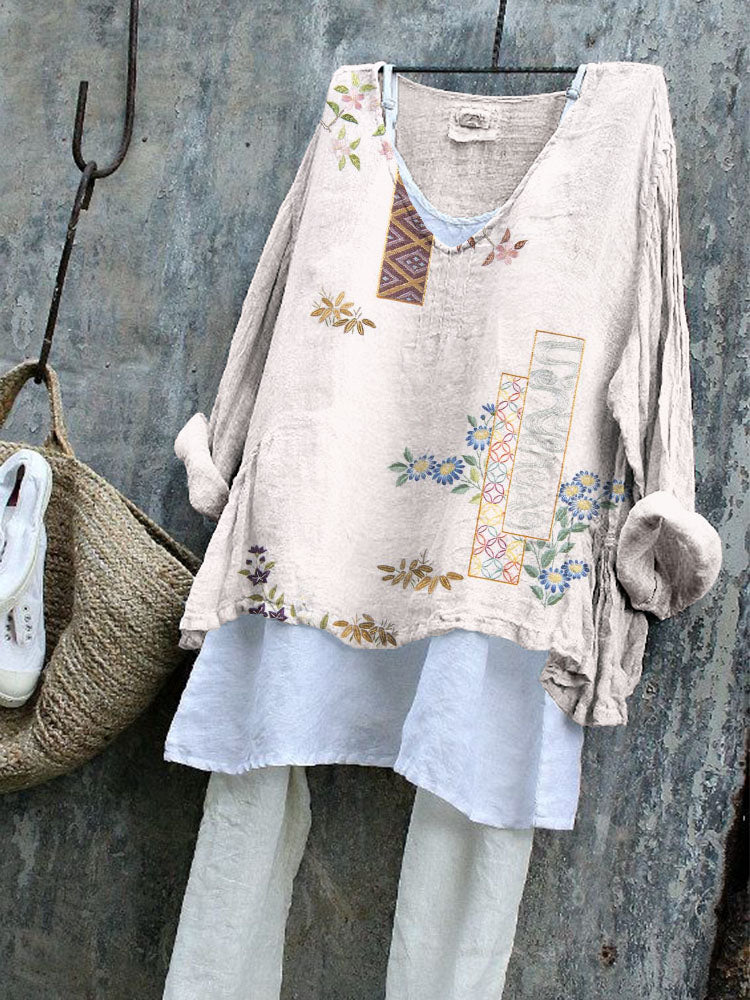 Vintage Japanese Embroidered Linen Blend Cozy Tunic