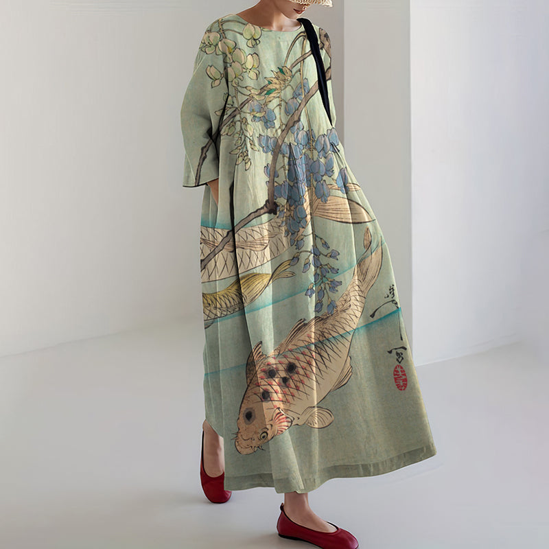 Women's Retro Japanese Flower And Fish Art Print Midi Dress