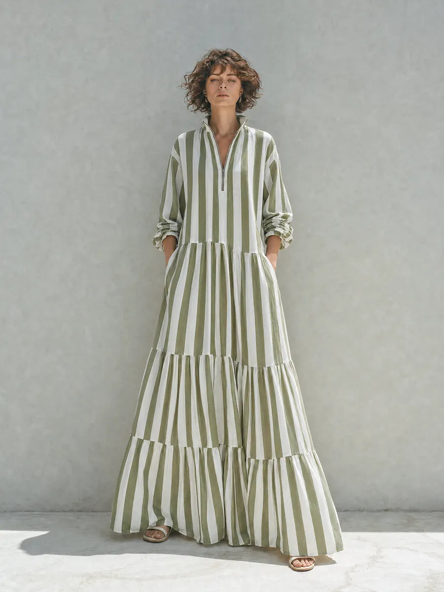 Women's Resort-Style Green And White Striped Stand-Collar Zip Long-Sleeve Tiered Full-Flare Cotton Maxi Dress MDZ1532G2CMX