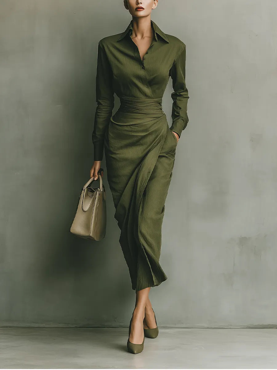 Women's Army Green Cotton Blended Maxi Dress MDA2281I8T