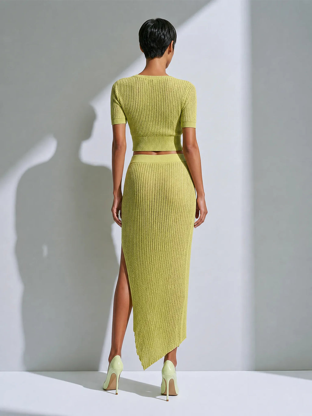 Women's Chic Lime Green Ribbed Knit V-Neck Button-Front Short Sleeve Cropped Cardigan And Side Slit Midi Skirt Two-Piece Set MDZ1376G2ZSQ