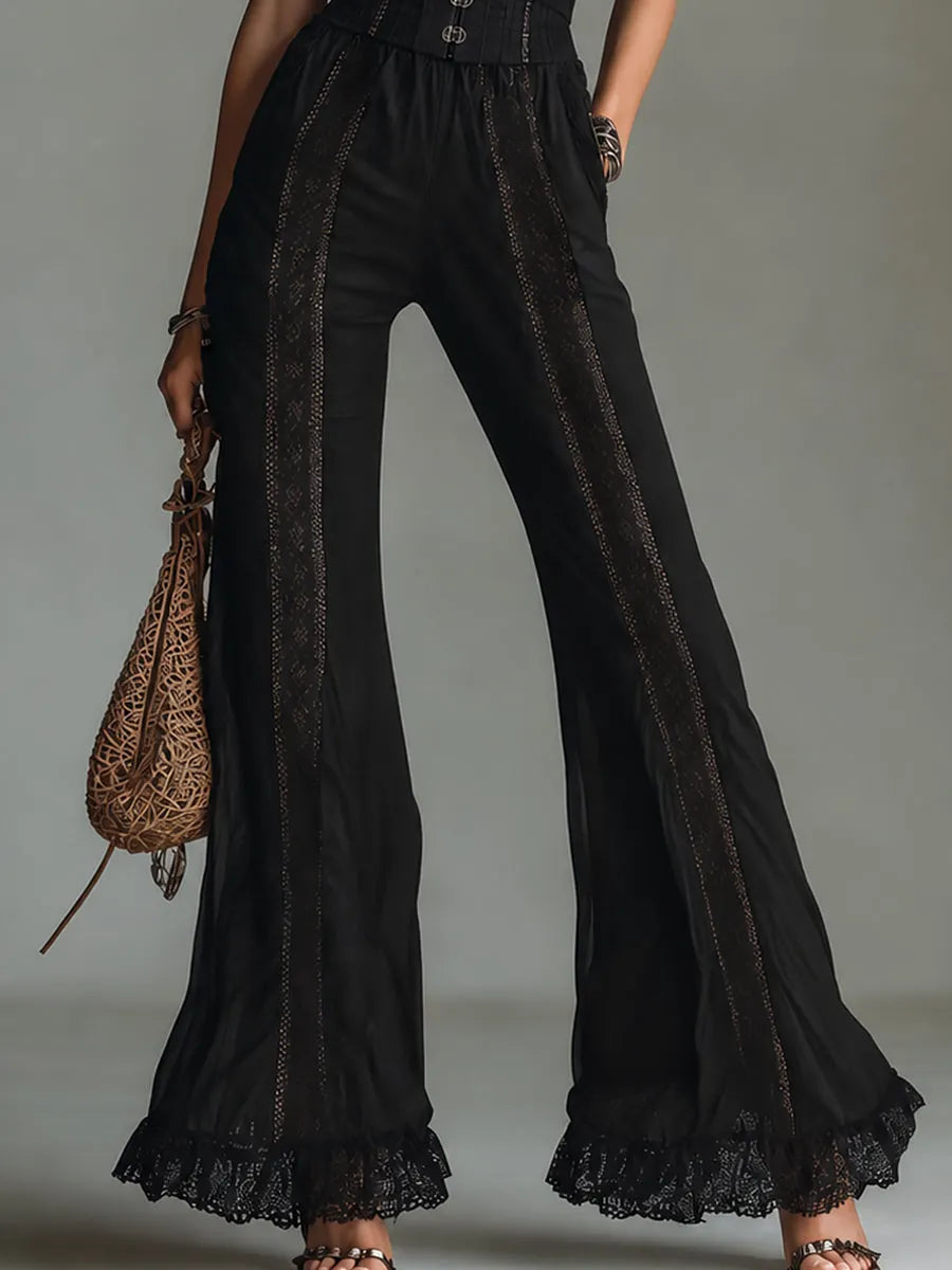 Gothic Sheer Lace-Trimmed Ruffled-Hem Flared Jumpsuit