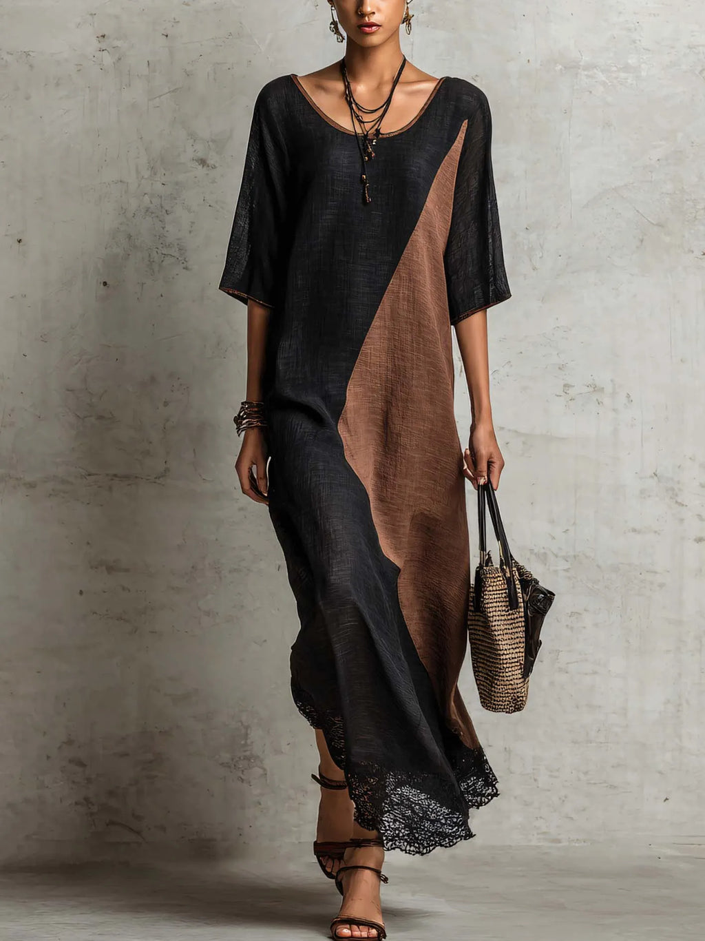 Black And Mocha Color Block Linen Blend Maxi Dress With Lace Trim Hem