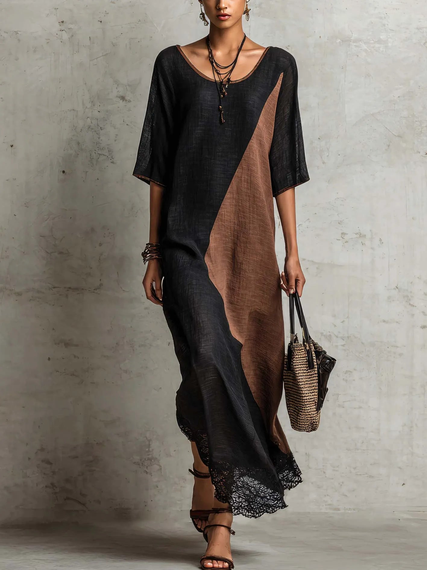 Black And Mocha Color Block Linen Blend Maxi Dress With Lace Trim Hem