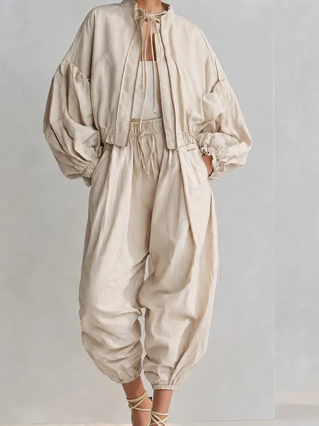 Women's Minimalist Sand Beige Cotton Blend Stand Collar Balloon Sleeve Cropped Jacket And Cocoon Jogger Pants Two-Piece SetMDZ2005G4ZSQ