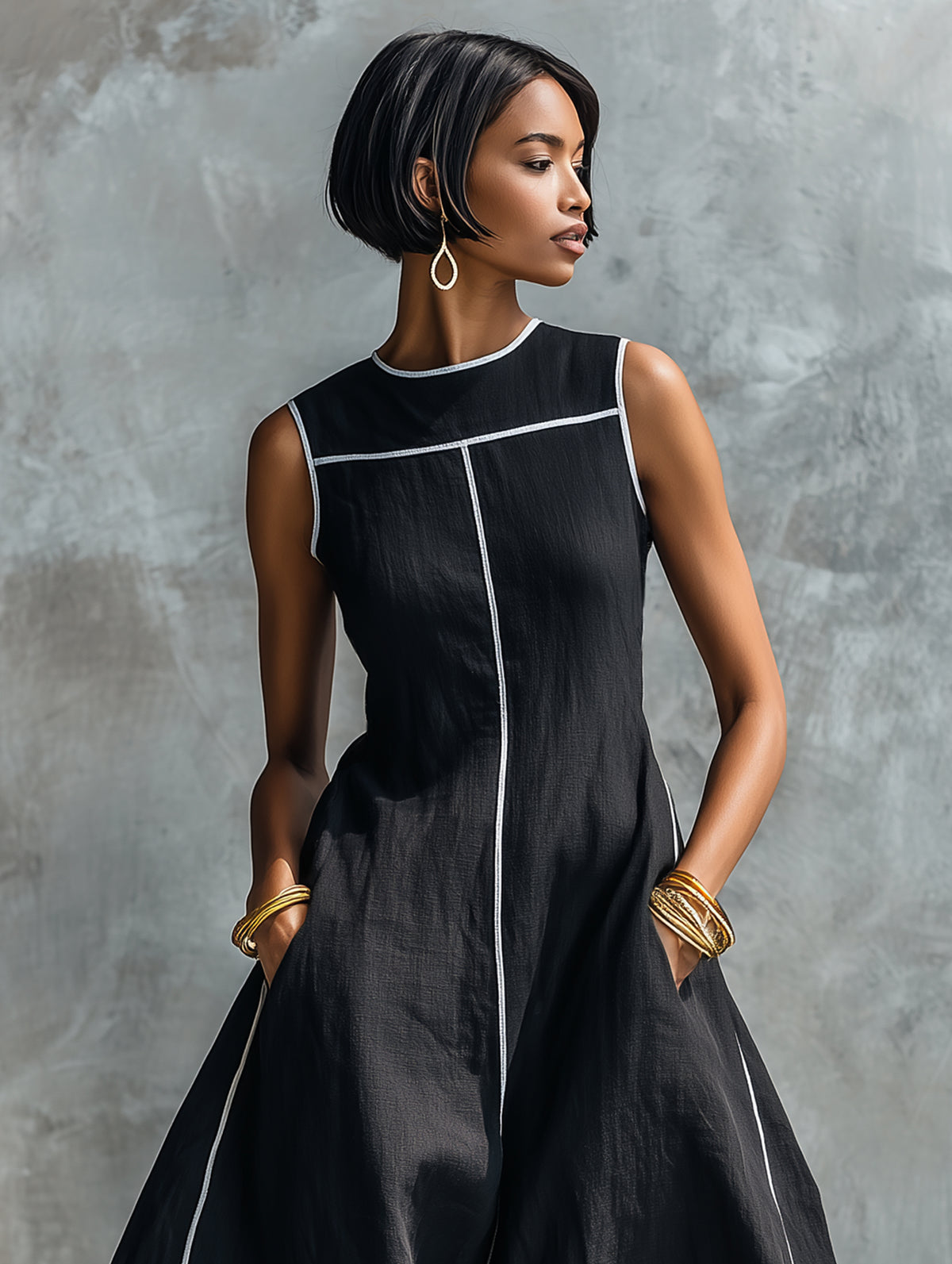 Women's Minimalist Linen-Blend Maxi Dress With Contrast Trim, Round Neck, And Sleeveless Design MDZ1516E0Y