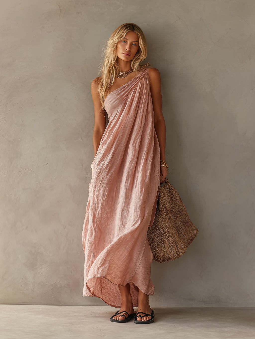 Women's Elegant Pink Cotton-Linen One-Shoulder Sleeveless Maxi Dress MDZ0829E1LXY