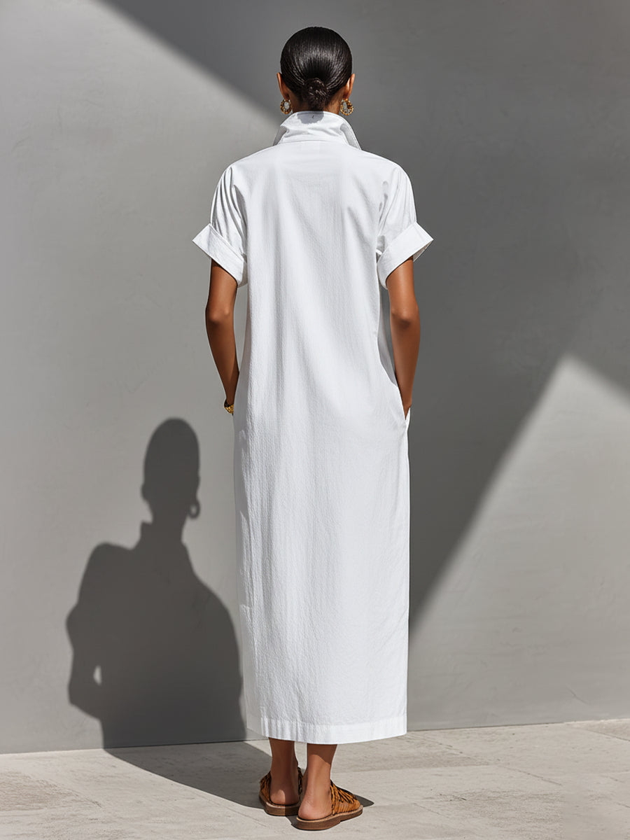 Women's White 100% Cotton Maxi Shirt Dress With Half-Zip Collar & Rolled Sleeves, Timeless Casual Everyday Dress MDZ0779E4LYL