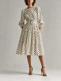 Women's Elegant Vintage Off-white & Black Polka-Dot Round-Neck Blouson-Sleeve Belted Tiered Midi Dress MDZ2467G6CMX
