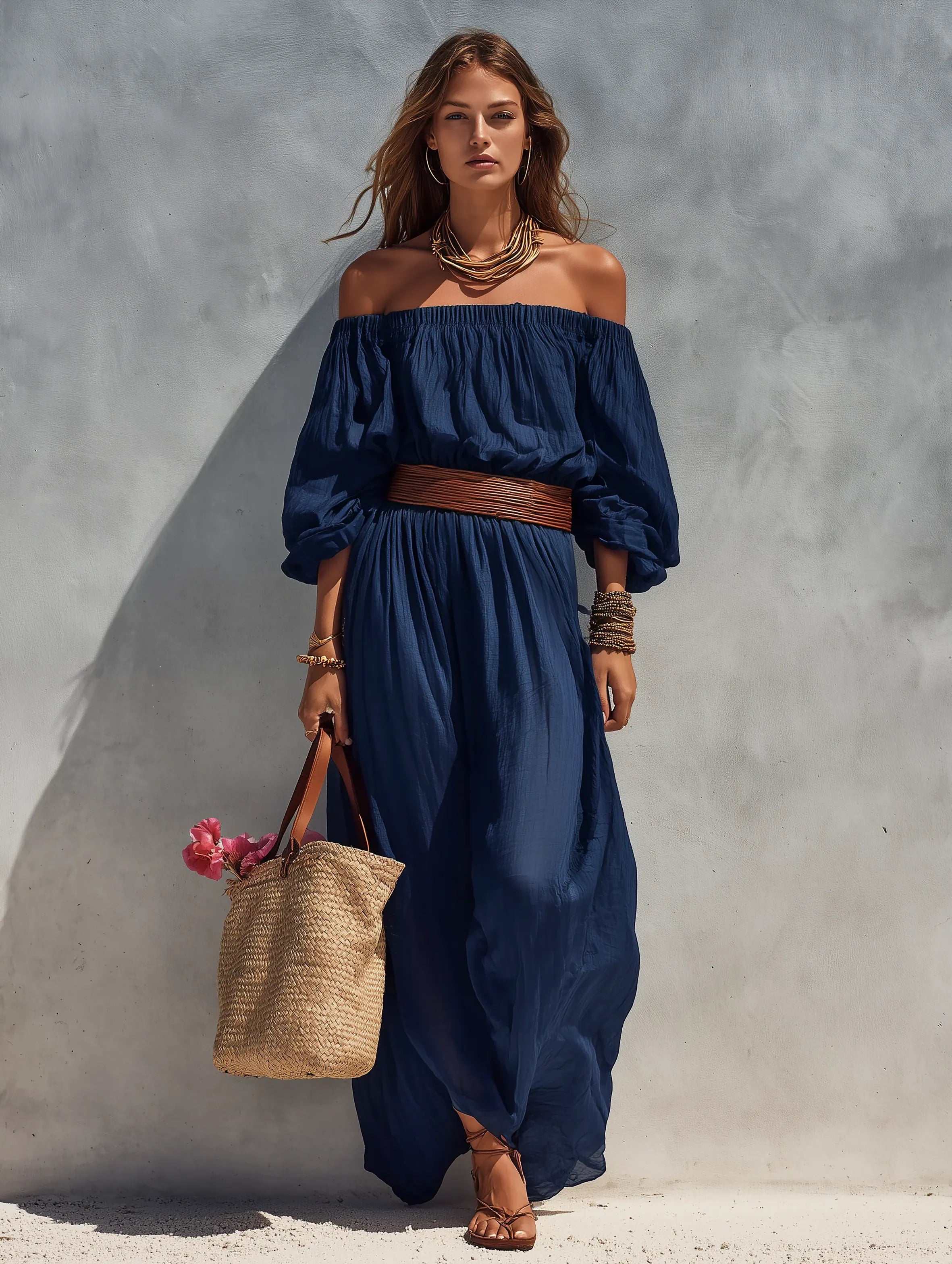 Women's Casual Dark Blue Cotton Linen Strapless Long-sleeved Dress (belt Not Included) MDZ1281C1AN