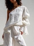 Flared Sleeves Loose Asymmetric Elasticity Pleated Solid Color Split-Joint One-Shoulder Blouses&Shirts Tops