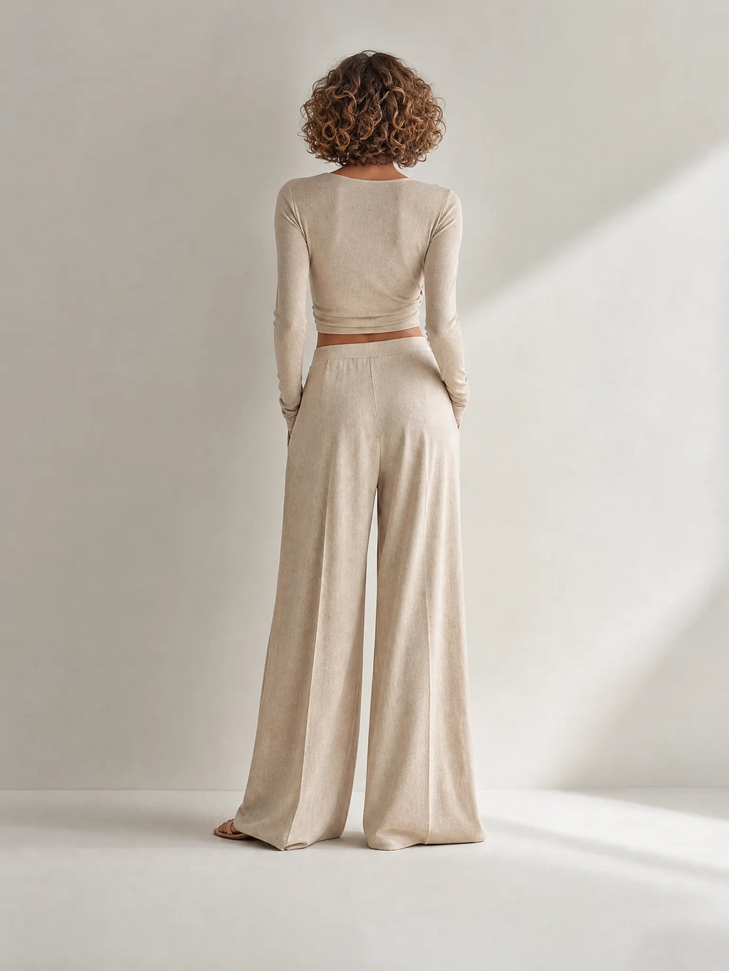 Beige Twist Wrap Long-Sleeve Knit Top Textured Wide-Leg Pants Two-Piece Set MDZ1703G5CMX