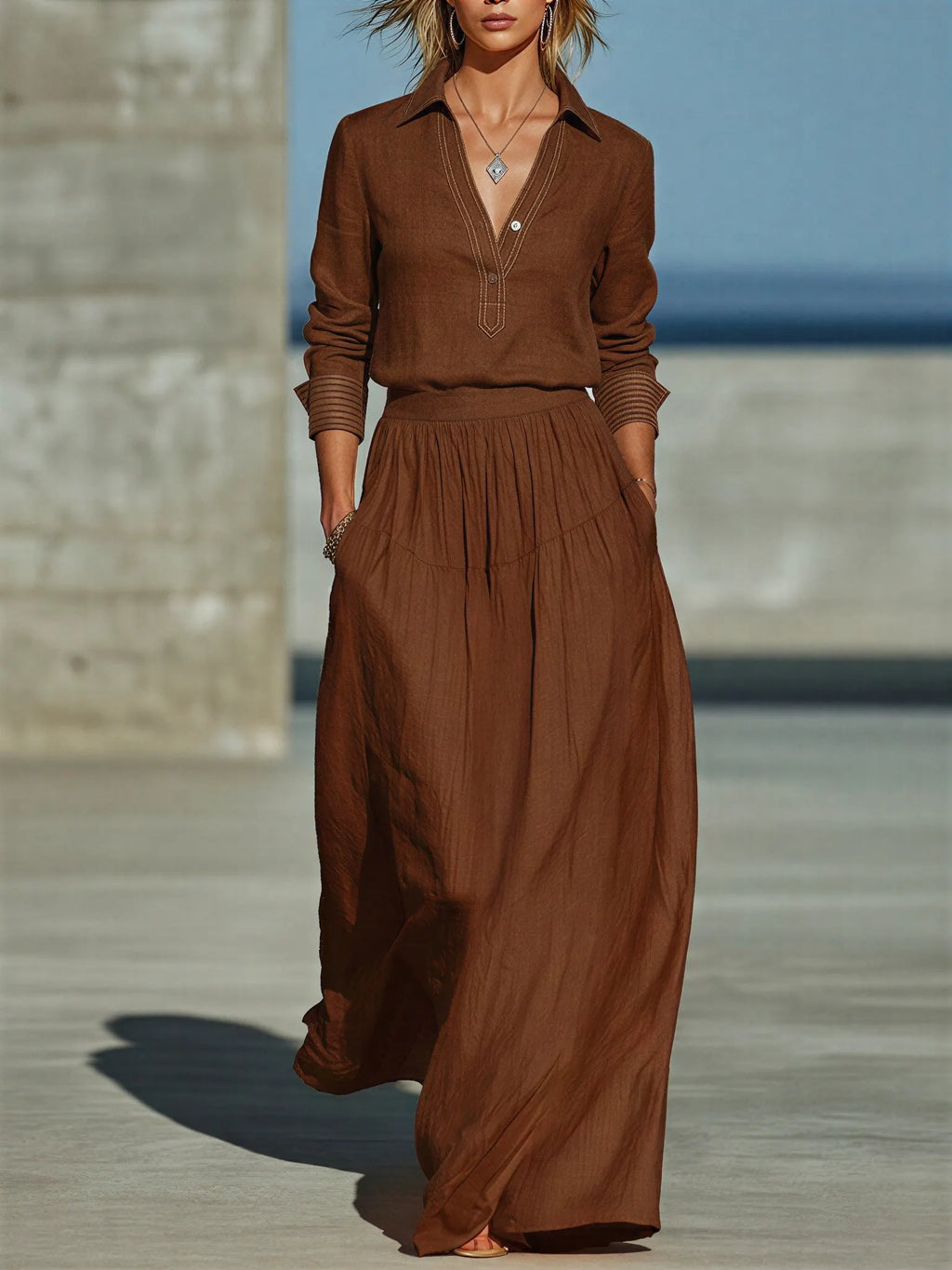 Women's Chocolate Linen Blend Two Piece Matching Set With Contrast Stitch Henley Collar Shirt & High Waist Pleated Maxi Skirt, Casual Resort Flowy Co-Ord Outfit MDZ2094G8LYL