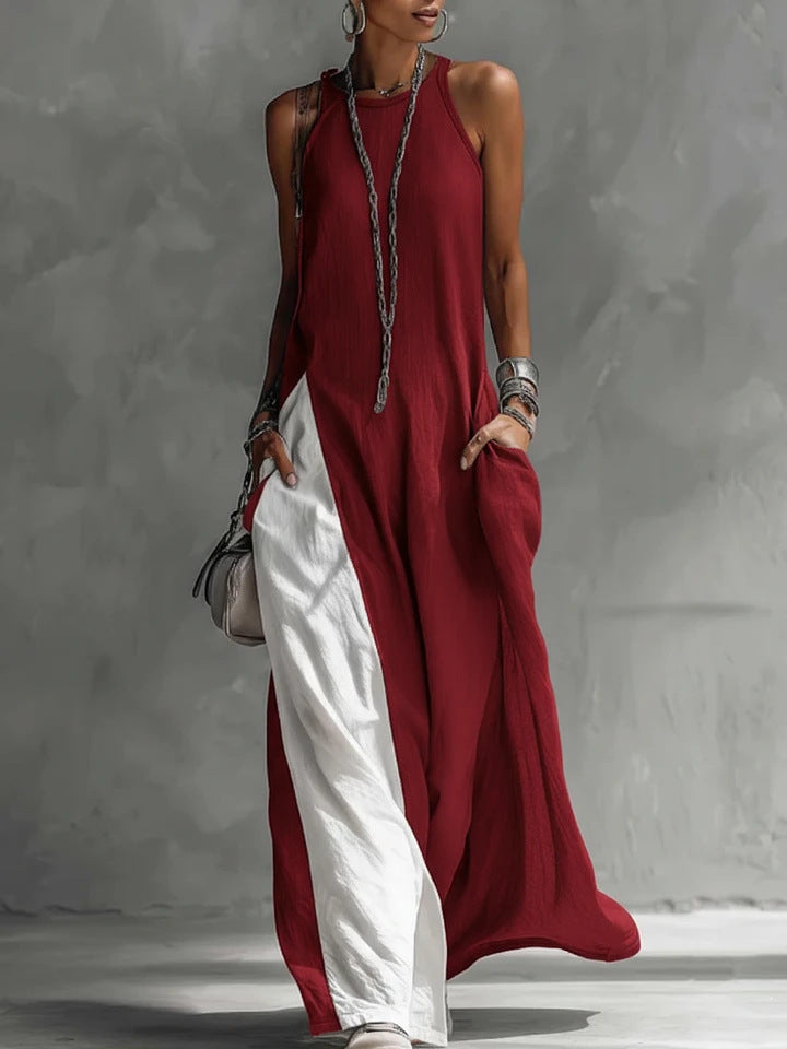Stylertime Avant-Garde Halter Maxi Dress - Contrast Color-Block Loose Fit Art-Style Gown