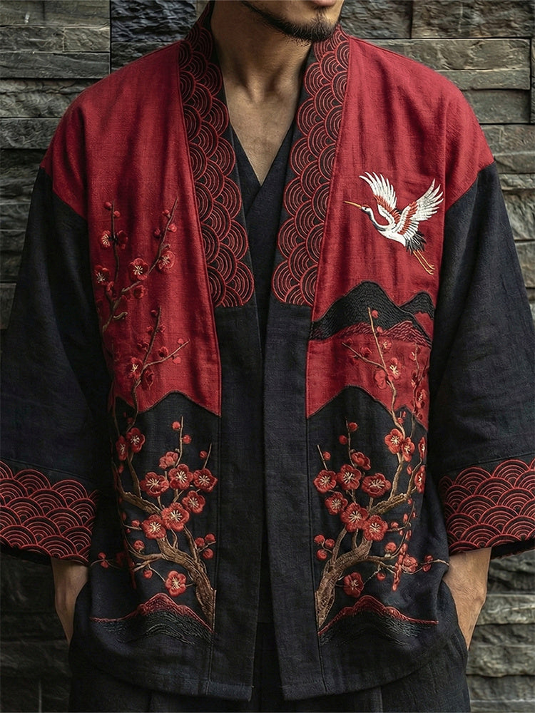 Men's Japanese Cherry Blossom And Crane Art Pattern Linen Blend Kimono Cardigan