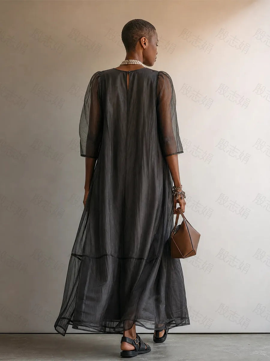 Women’s Dark Gray Minimalist Sheer Chiffon Overlay Round Neck Mid Sleeve Flowy Tiered Oversized Maxi Dress MDZ0299G1T