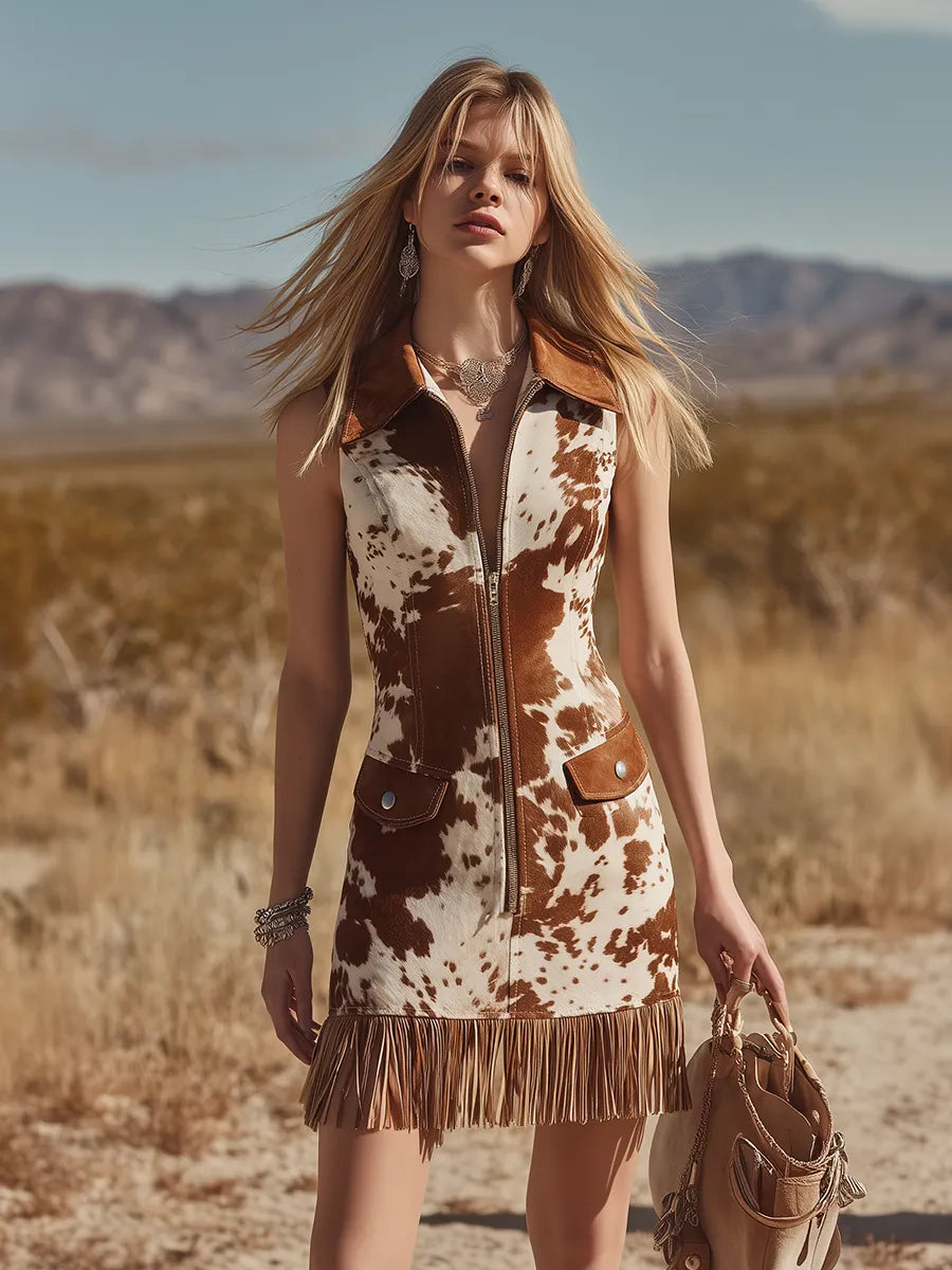 Retro Western-style Lapel Sleeveless Cow Print Faux Suede Mini Dress