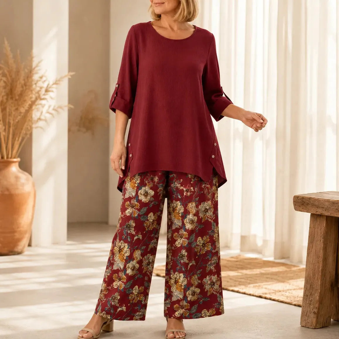 Solvea – Women's Draped High-Low Tunic & Wide-Leg Pants Set