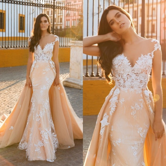 Daisda Sweetheart Lace Appliques Cap Sleeves Overskirt Mermaid Wedding Dress