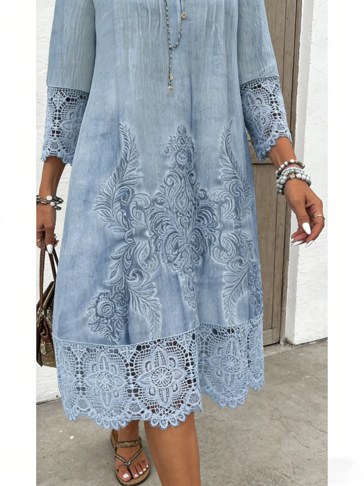 V-neck A-shaped Skirt Solid Color Lace Dress  Five-quarter Sleeve