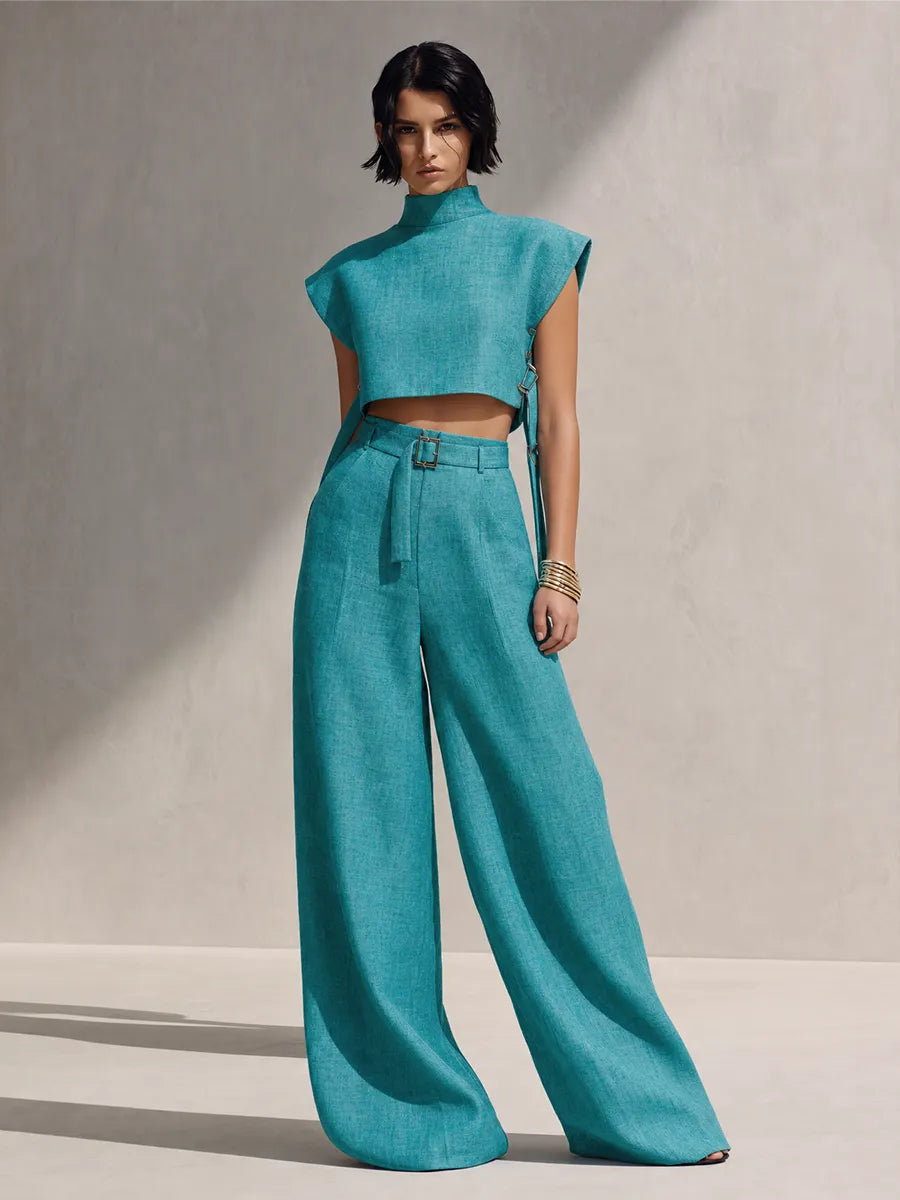 Women's Modern Teal Linen Blend Mock Neck Sleeveless Cropped Top And High-Waist Belted Wide-Leg Pants Two-Piece Set MDZ1383G1ZSQ