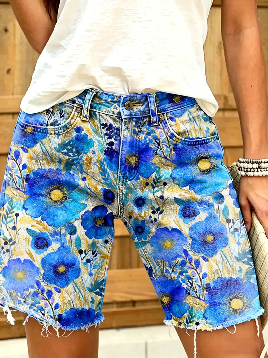 Women's Floral Watercolor Print Frayed Hem Denim Shorts