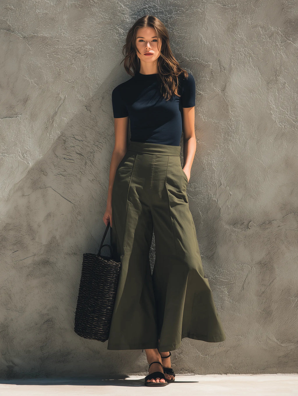 Women's Casual Navy Blue Stretch-knit Short-sleeve Top Paired With Army Green Woven Wide-leg Trousers MDZ1716G8LXY