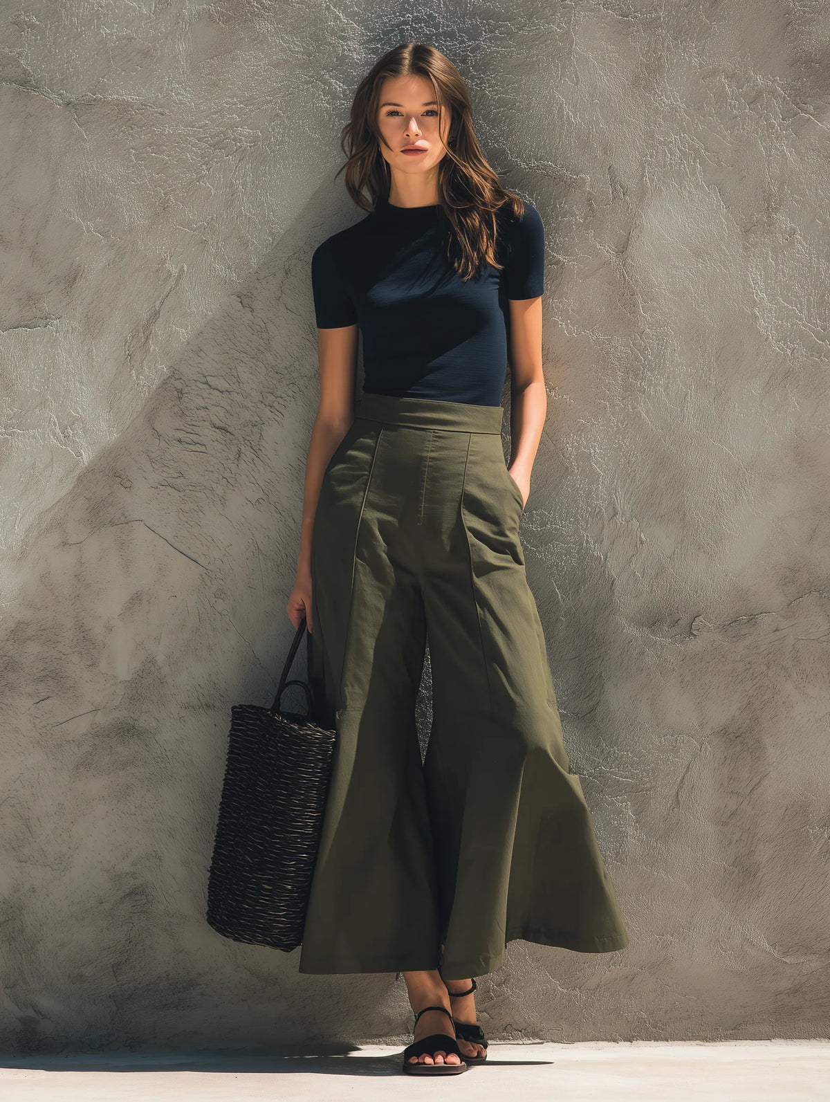 Women's Casual Navy Blue Stretch-knit Short-sleeve Top Paired With Army Green Woven Wide-leg Trousers MDZ1716G8LXY