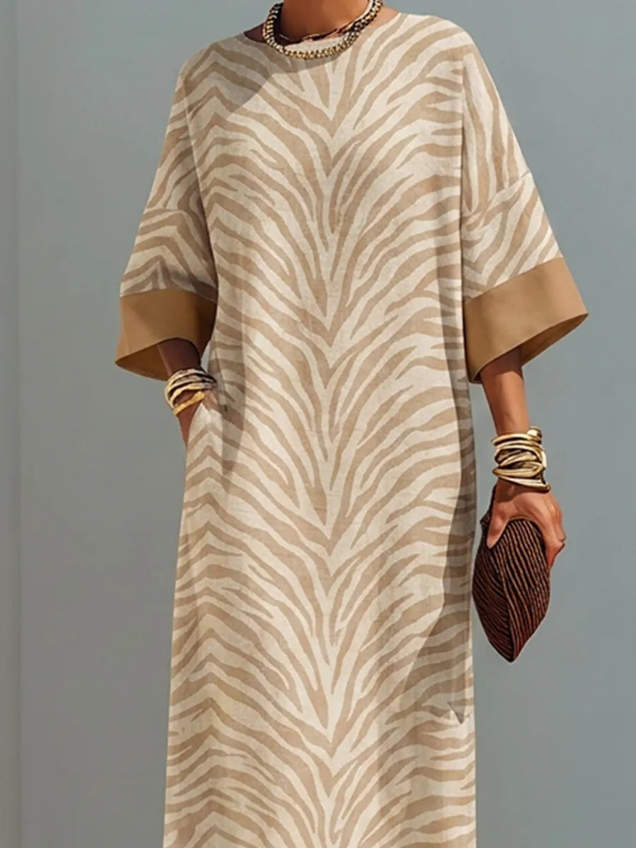 Women's Minimalist Zebra-Print Color-Block Linen Maxi Dress MDZ0623G8ZRK