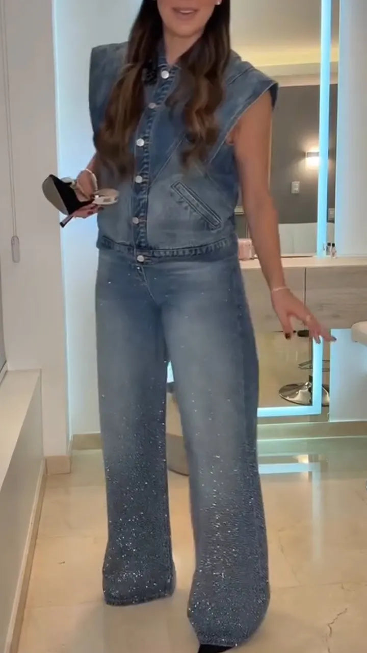 Women Lapl Collar Top+ Rhinestone Pants Casual Denim Suit