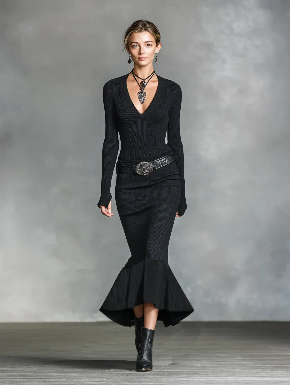Women's Knitted V-neck Slim Long Sleeves Maxi Dress (Without Belt)MDA0717H5Y