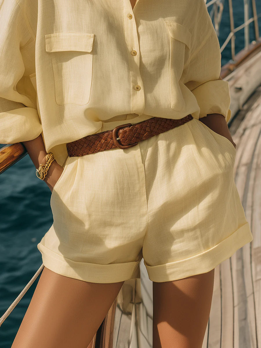 Vacation-style yellow long-sleeved shirt and shorts set(Included belt)