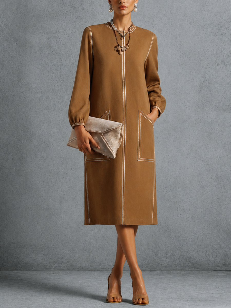 Women's Retro Commuter Caramel Cotton Blend Contrast Stitch Patch Pocket Lantern Sleeve Midi Dress MDZ1339G3GMJ