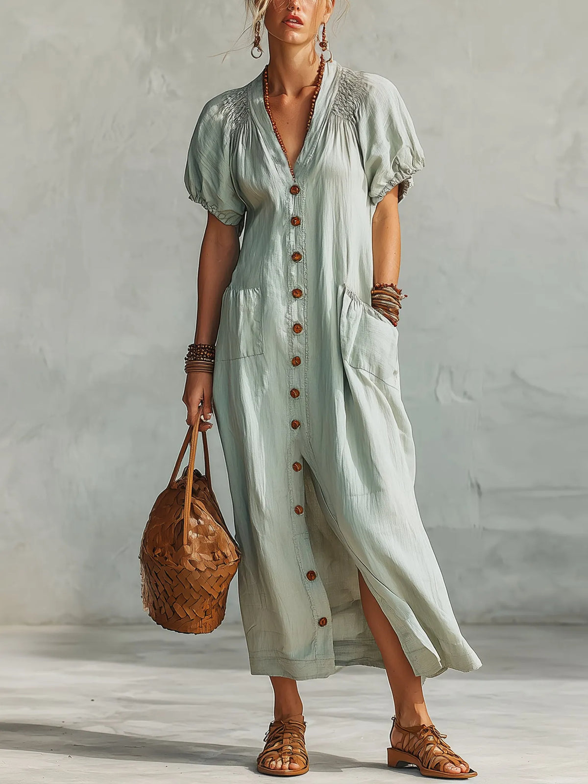 Blue Linen Button Front Short Sleeve Maxi Dress