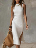 Elegant Sleeveless Mock Neck Midi Dress | Chic High-Waisted A-Line Party Dress