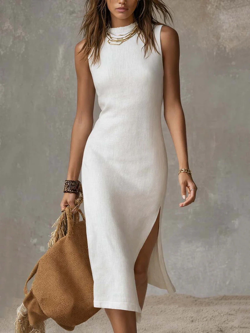 Elegant Sleeveless Mock Neck Midi Dress | Chic High-Waisted A-Line Party Dress
