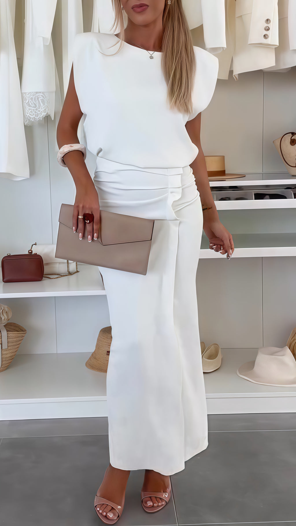 Women's Round Neck Top + Slit Skirt Commuter Suit