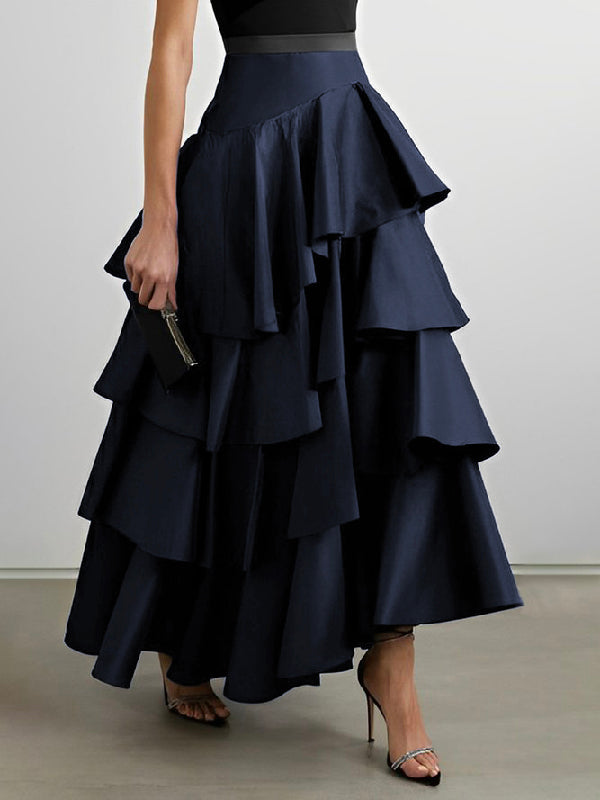 A-Line High Waisted Falbala Solid Color Long Skirts Skirts Bottoms